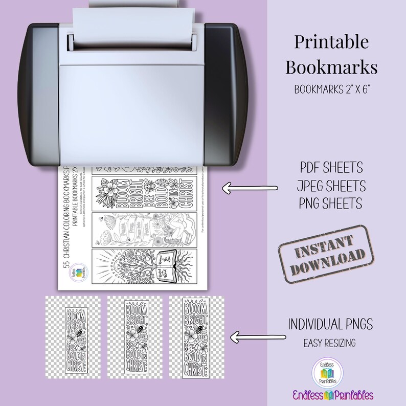 Pode incluir: Uma impressora est&aacute; produzindo marcadores imprim&iacute;veis. Os marcadores t&ecirc;m 5 x 15 cm e apresentam desenhos para colorir com o texto "Bloom Bright Be Bold In Christ". A imagem tamb&eacute;m inclui o texto "Download instant&acirc;neo".