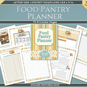 May include: A printable food pantry planner with 72 pages. The cover features a yellow, orange, and brown polka dot pattern with the text "Food Pantry Planner" in a brown font. The pages include sections for tracking recipes, budgets, and kitchen conversions.