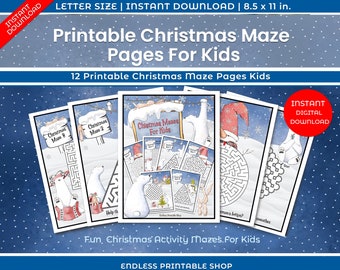 Afdrukbare kerstdoolhofpagina's voor kinderen - vakantieactiviteit (digitale download)