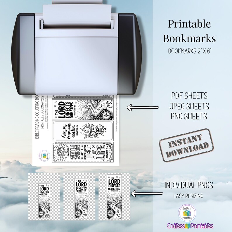 Op de afbeelding: Een printer produceert afdrukbare bladwijzers. De bladwijzers zijn zwart-wit met bijbelverzen en illustraties. De tekst op de bladwijzers luidt "De Heer leidt onze stappen". De afbeelding bevat ook de tekst "Afdrukbare bladwijzers" en "Direct downloaden".