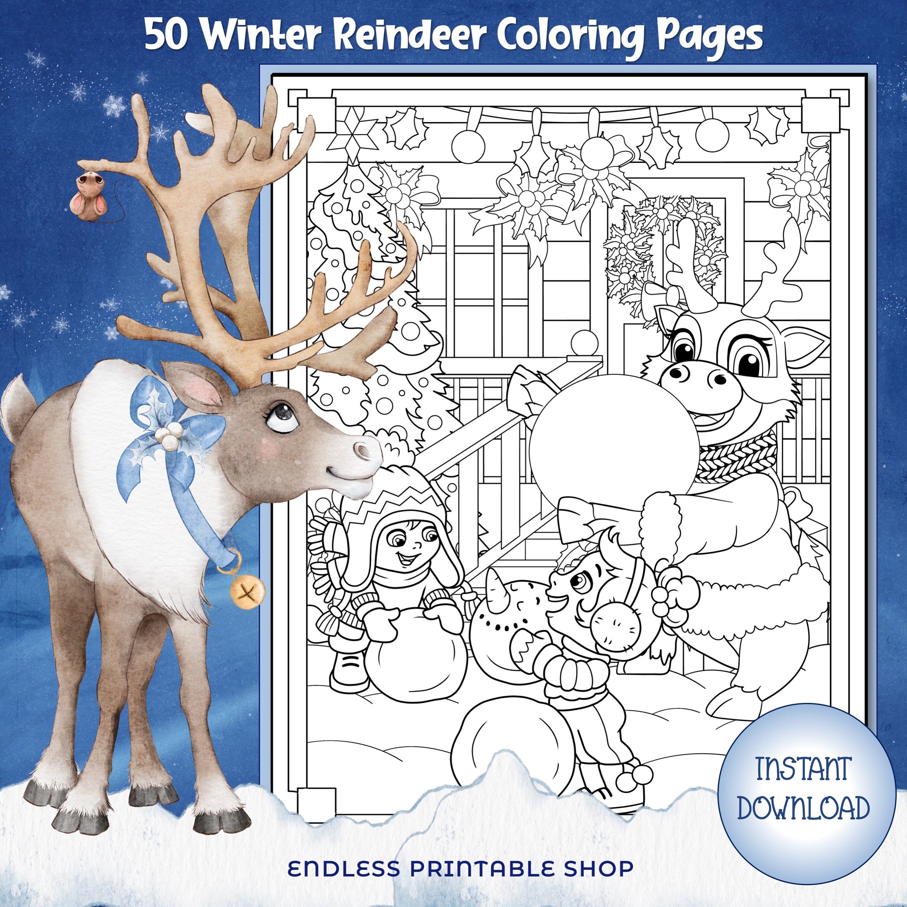 Coloring Pages: Winter Reindeer Colouring 50 Digital Coloring Pages for ...