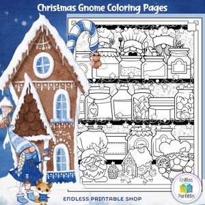May include: A black and white coloring page featuring a Christmas gnome standing in front of a gingerbread house. The gnome is wearing a chef's hat and holding a candy cane. The gingerbread house has a candy cane roof and a window with a heart shape. The page is decorated with stars and snowflakes.