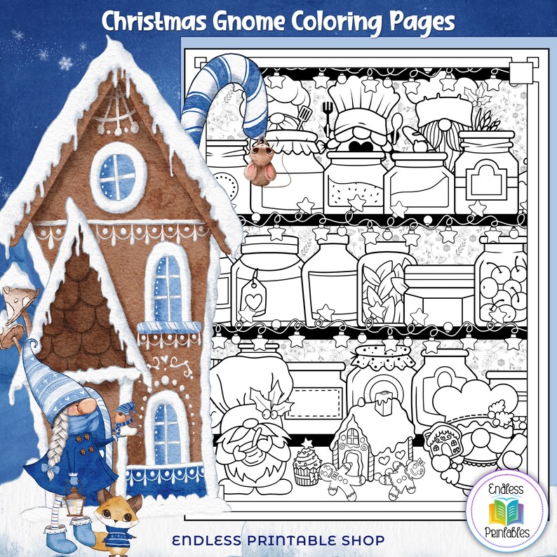 May include: A black and white coloring page featuring a Christmas gnome standing in front of a gingerbread house. The gnome is wearing a chef's hat and holding a candy cane. The gingerbread house has a candy cane roof and a window with a heart shape. The page is decorated with stars and snowflakes.