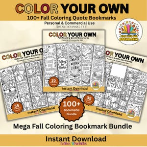 May include: A bundle of printable bookmarks with fall-themed quotes and illustrations. The bookmarks are 2" x 6" and include phrases like "Hello Fall" and "Pumpkin Spice Life." The bundle includes over 100 bookmarks for personal and commercial use.