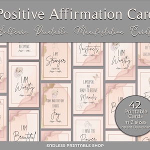 42 cartes d’affirmation positive, imprimables de soins personnels, cartes pour les lois de l’attraction, jeu d’affirmation, imprimables du tableau de vision, téléchargement instantané