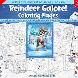 50 Winter Reindeer Coloring Pages - Christmas Fun (Digital Download)