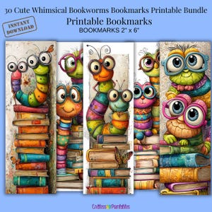 May include: A set of whimsical printable bookmarks featuring colourful bookworms wearing glasses. Each bookmark, measuring 5 x 15 cm, depicts a unique bookworm character perched atop a stack of books. The design includes the text "Printable Bookmarks".
