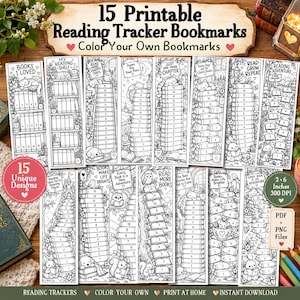 May include: A set of 15 printable reading tracker bookmarks featuring black and white line art designs for coloring. Each bookmark includes numbered book stacks or paths, whimsical animal illustrations, and text such as Books I Loved.