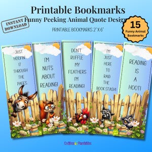 Marcapáginas con divertidos animales que miran fijamente, conjunto de marcadores imprimibles con citas de animales, marcador PNG, descarga instantánea, regalo para amantes de los libros