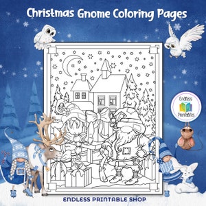 May include: Black and white coloring page featuring two gnomes standing in front of a house with a star-filled night sky. The gnomes are holding gifts and a reindeer is standing next to them. The text "Endless Printable Shop" is at the bottom of the page.