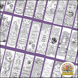 Pode incluir: Uma cole&ccedil;&atilde;o de marcadores para colorir em preto e branco com cita&ccedil;&otilde;es inspiradoras e desenhos florais. Os marcadores apresentam frases como "Bee Still", "Bloom Bright" e "Seek Scripture". A imagem tamb&eacute;m inclui um logotipo que diz "Color Your Own Bookmarks".