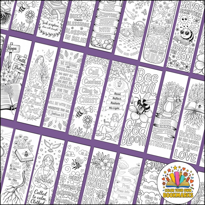Pode incluir: Uma cole&ccedil;&atilde;o de marcadores para colorir em preto e branco com cita&ccedil;&otilde;es inspiradoras e desenhos florais. Os marcadores apresentam frases como "Bee Still", "Bloom Bright" e "Seek Scripture". A imagem tamb&eacute;m inclui um logotipo que diz "Color Your Own Bookmarks".