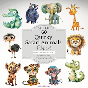 Quirky Animals PNG Clipart Bundle Whimsical Safari Animals Sublimation Clip Art Whimsy Nursery Party Graphics Silly Illustration