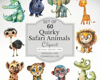 Quirky Safari Animals Clipart Bundle: Whimsical Watercolor PNG Graphics (Digital Download)