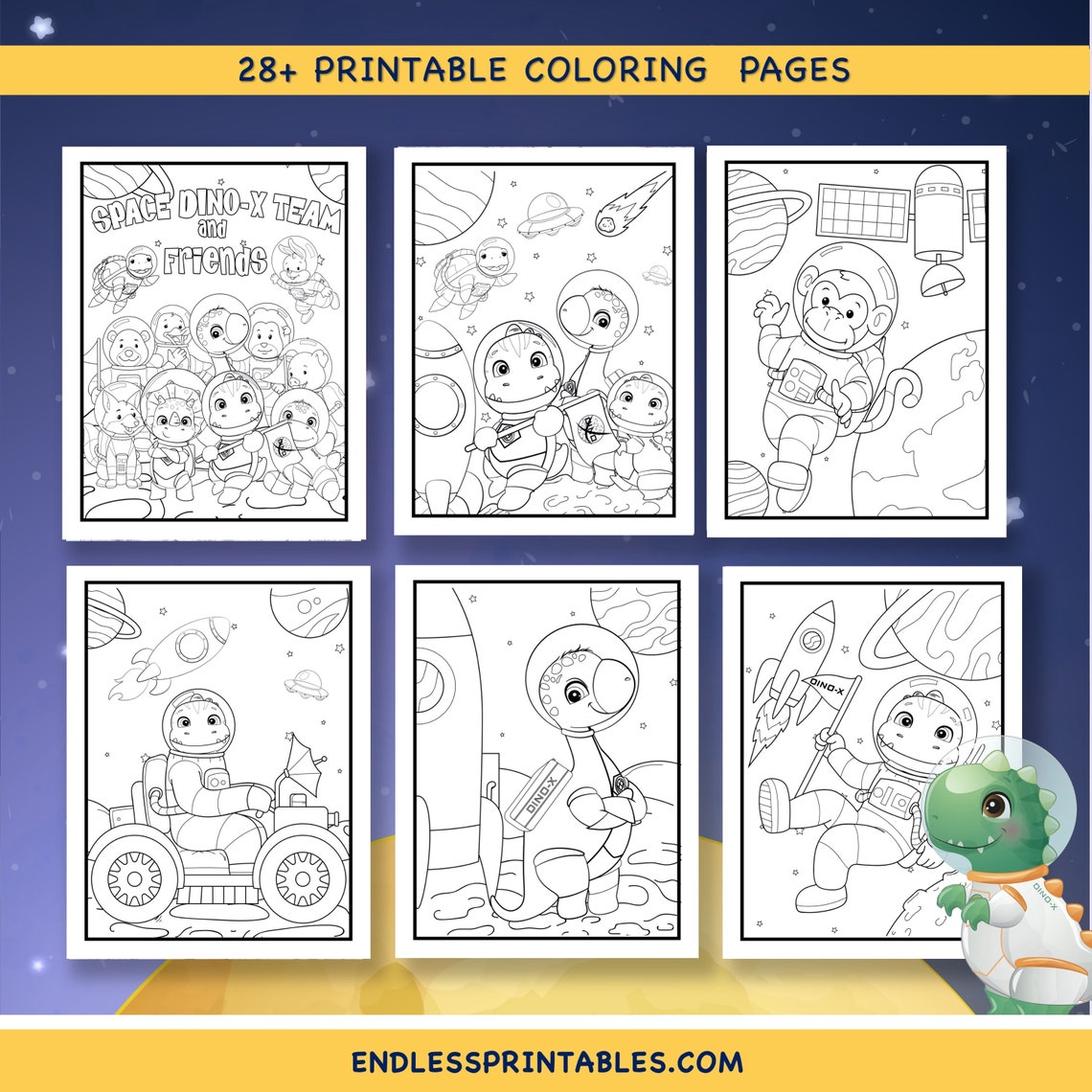 Space Dino Coloring Book for Kids Printable Dinosaur - Etsy