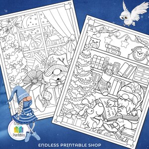 May include: Two black and white coloring pages featuring gnomes and Christmas trees. The first page shows a gnome with a gift and a Christmas tree in a window. The second page shows a gnome reading a book with a dog and a Christmas tree in a bookshelf.