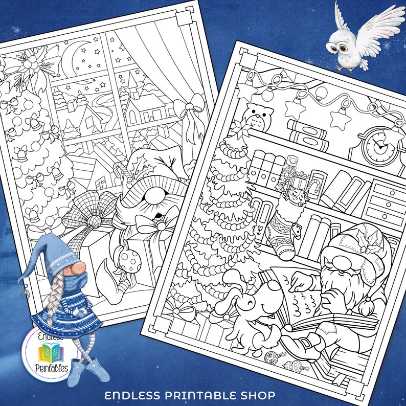 May include: Two black and white coloring pages featuring gnomes and Christmas trees. The first page shows a gnome with a gift and a Christmas tree in a window. The second page shows a gnome reading a book with a dog and a Christmas tree in a bookshelf.