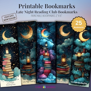 Puede incluir: Conjunto de 25 marcapáginas imprimibles que muestran una pila de libros con una linterna y una luna creciente en un cielo nocturno estrellado. Los marcapáginas miden 5 cm por 15 cm y tienen el texto "Late Night Reading Club".