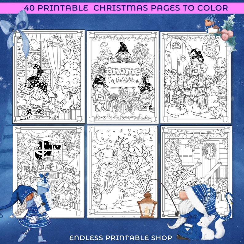 May include: A set of six printable coloring pages featuring gnomes celebrating Christmas. The pages include a gnome with a Christmas tree, a gnome with a snowman, and a gnome with a lantern. The text "Gnome for the Holidays" is featured on one of the pages.