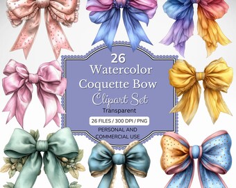 Watercolor Coquette Bow Clipart Bundle - Girly Designs (PNG, JPG, PDF)