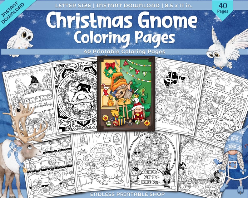 May include: A set of 40 printable coloring pages featuring Christmas gnomes. The pages are 8.5 inches by 11 inches and are perfect for kids of all ages.