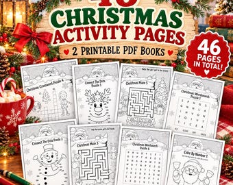 Puede incluir: Una colección de 46 páginas de actividades navideñas presentadas como dos libros PDF imprimibles. Las páginas incluyen dibujos en blanco y negro con crucigramas, unir puntos, laberintos, sopas de letras y colorear por números.
