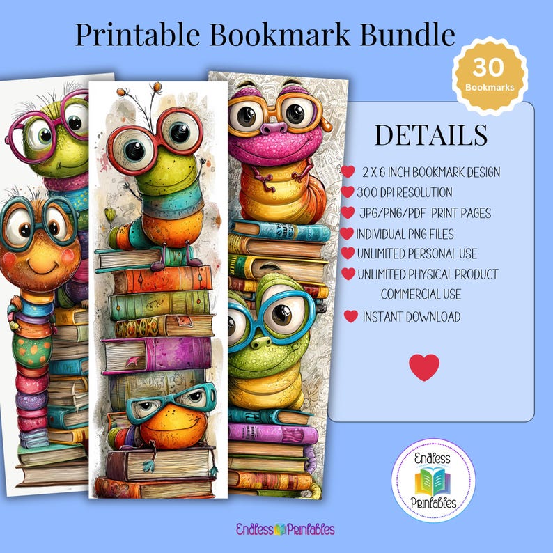 May include: A printable bookmark bundle with three colourful bookmarks. Each bookmark features a cartoon caterpillar character wearing glasses and sitting on a stack of books. The bookmarks are 5 x 15 cm. The image includes the text "Printable Bookmark Bundle".