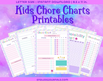 May include: Printable chore charts for kids in a pastel color scheme with a rainbow, star, and cloud background. The charts include sections for daily chores, weekly chores, and rewards. The text on the charts reads "Chore Chart", "Responsibility Chart", and "Weekly Chores".