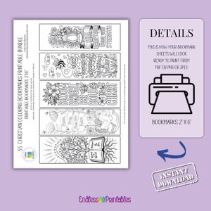 Pode incluir: Um pacote imprim&iacute;vel de 55 marcadores crist&atilde;os para colorir, cada um com 5,08 cm x 15,24 cm. Os desenhos em preto e branco apresentam palavras inspiradoras, elementos florais e imagens religiosas. Inclui uma folha de detalhes com um &iacute;cone de impressora.