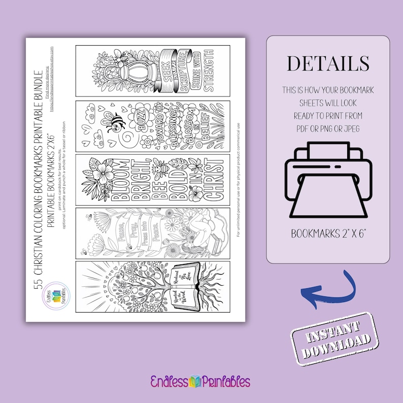 Pode incluir: Um pacote imprim&iacute;vel de 55 marcadores crist&atilde;os para colorir, cada um com 5,08 cm x 15,24 cm. Os desenhos em preto e branco apresentam palavras inspiradoras, elementos florais e imagens religiosas. Inclui uma folha de detalhes com um &iacute;cone de impressora.