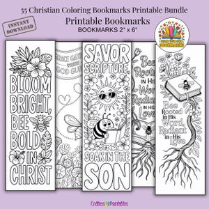 Pode incluir: Um conjunto de cinco marcadores crist&atilde;os para colorir, imprim&iacute;veis. Cada marcador, com 5 x 15 cm, apresenta texto inspirador e ilustra&ccedil;&otilde;es de abelhas, flores e s&oacute;is. Os marcadores s&atilde;o projetados para colorir e incluem frases.