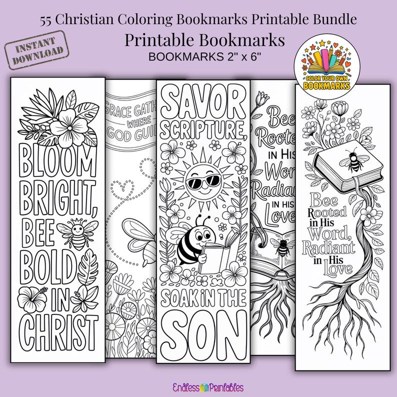 Pode incluir: Um conjunto de cinco marcadores crist&atilde;os para colorir, imprim&iacute;veis. Cada marcador, com 5 x 15 cm, apresenta texto inspirador e ilustra&ccedil;&otilde;es de abelhas, flores e s&oacute;is. Os marcadores s&atilde;o projetados para colorir e incluem frases.