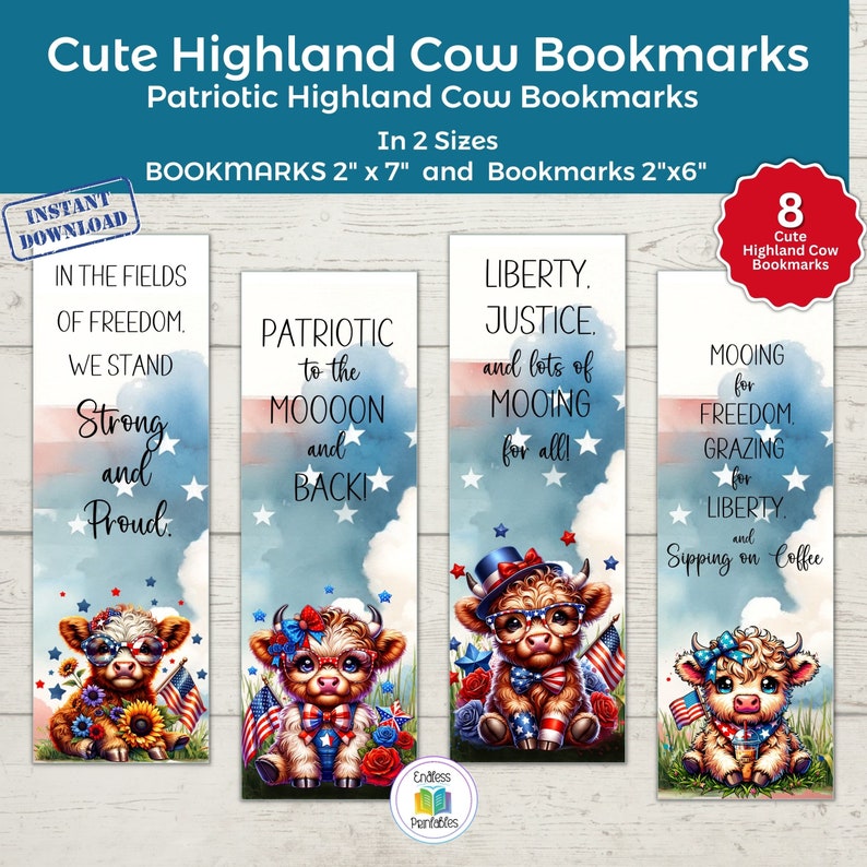 Freedom Bookmarks Highland Cow Bookmark Printable – Patriotic Designs (digital Download ...