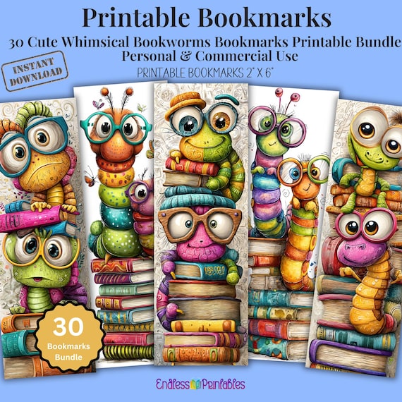 Whimsical Bookworm Bookmarks, 30 Designs (PNG, PDF, JPG)