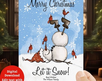 Let It Snow, Editable Fun Snowman Christmas Card, Customizable 3 Photo Card Back, Instant Digital Download, Merry Christmas, Keepsake,