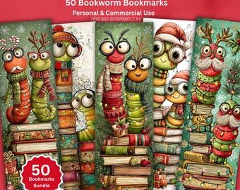 Christmas Bookmarks Printable – 50 Bookworm Designs | Winter Reading Gifts | PNG PDF Instant Download
