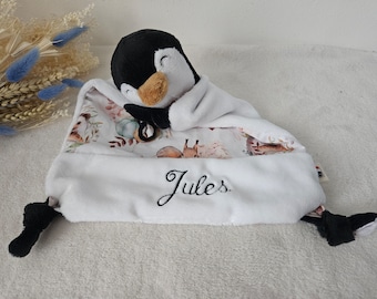 Doudou bébé pingouin nœud tête personnalisé fait main en France / Doudou personnalisable / cadeau naissance