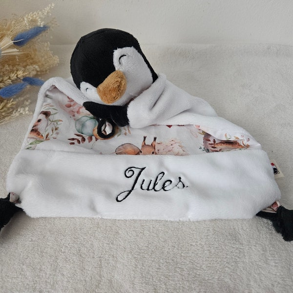 Doudou bébé pingouin nœud tête personnalisé fait main en France / Doudou personnalisable / cadeau naissance