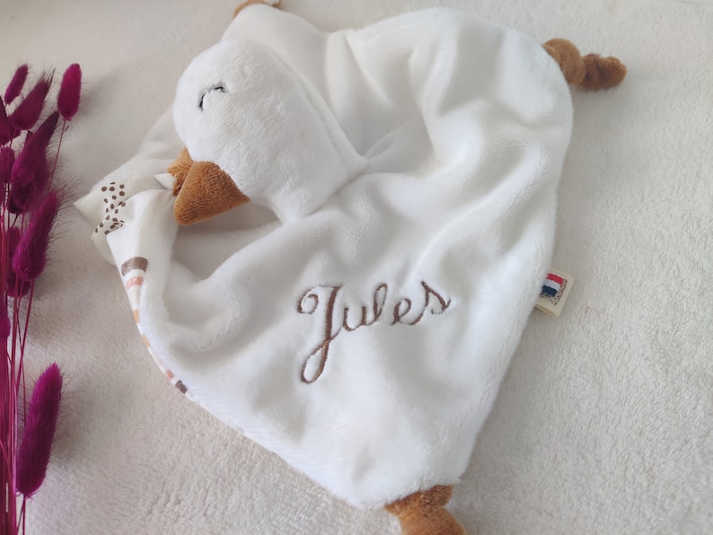 Handmade personalized baby goose comforter made in France / Double gauze animal comforter / Personalized baby gift idea / Name embroidery image 5