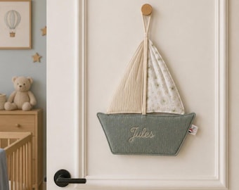 Personalized wall butterfly | Baby boy room decor | Personalized baby gift | Handmade fabric boat | Name embroidery