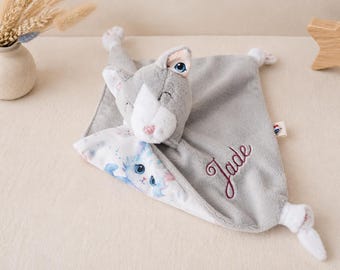 Handmade personalized baby cat comforter made in France / Double gauze animal comforter / Personalized baby gift idea