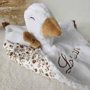 Handmade personalized baby goose comforter made in France / Double gauze animal comforter / Personalized baby gift idea / Name embroidery image 2