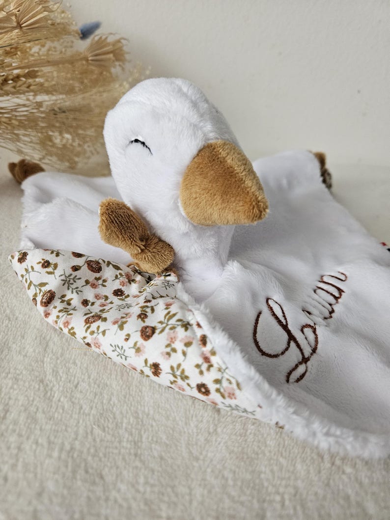 Handmade personalized baby goose comforter made in France / Double gauze animal comforter / Personalized baby gift idea / Name embroidery image 2