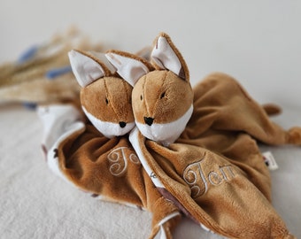 Doudou bébé renard personnalisé fait main en France / Doudou animaux double gaze / idée cadeau de naissance personnalisé