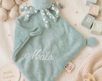 Doudou bébé pieuvre vert personnalisé fait main en France / Doudou poulpe double gaze / idée cadeau de naissance personnalisé