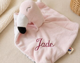Handmade personalized pink flamingo baby comforter made in France / Double gauze animal comforter / Personalized baby gift idea