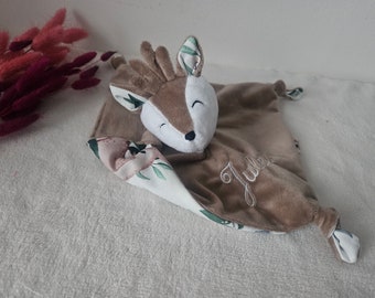 Doudou bébé biche et cerf personnalisé fait main en France / Doudou animaux double gaze / idée cadeau de naissance personnalisé