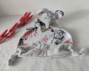 Doudou bébé éléphant couronne de fleurs personnalisé fait main en France/Doudou personnalisable/idée cadeau de naissance personnalisé