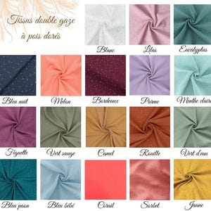 Pu&ograve; includere: Una collezione di tessuti in doppia garza con pois dorati in vari colori, tra cui bianco, lilla, eucalipto, blu notte, melone, bordeaux, parma, menta, fico, salvia, cammello, ruggine, acqua, pavone, azzurro, corallo, sorbetto e giallo.