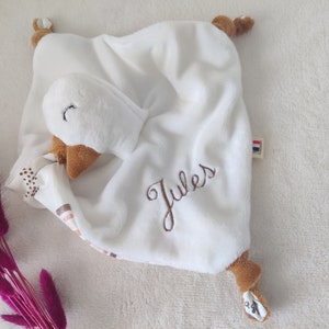 Handmade personalized baby goose comforter made in France / Double gauze animal comforter / Personalized baby gift idea / Name embroidery image 4